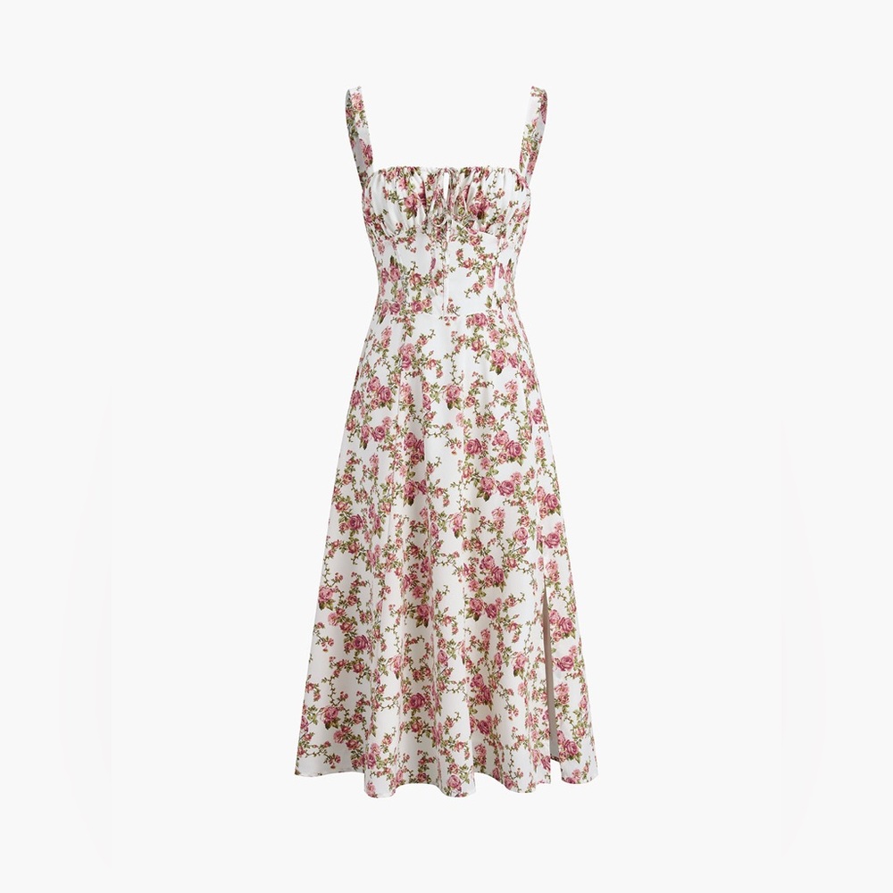 Commense Rosebud Floral Midi Sundress White Pink Slit Corset Small NWT - Picture 2 of 15